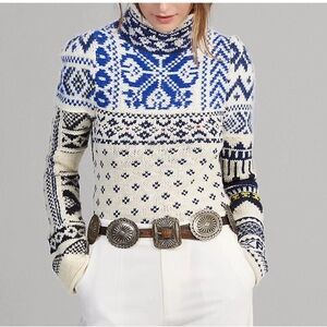 Ralph Lauren Alpaca Elegant Nordic Blue and White Turtleneck Sweater